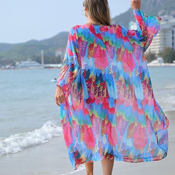 New Rainbow Feather Swim Cover Up Kimono Duster - Picture 8 of 10